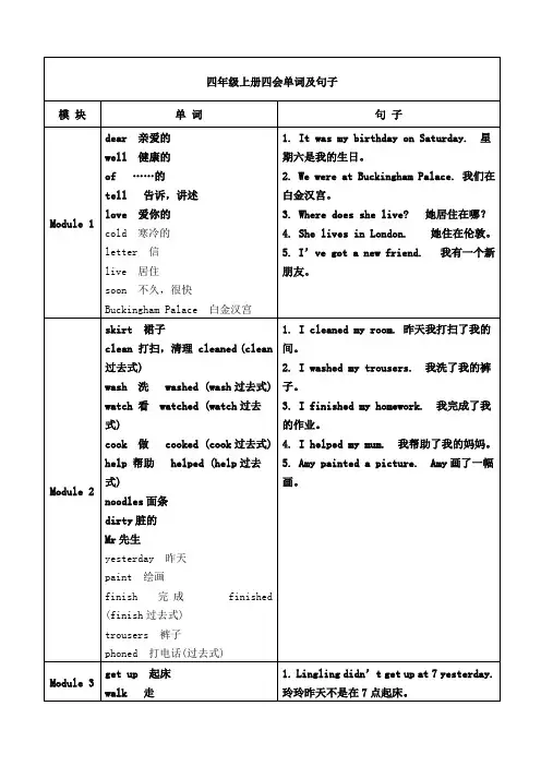 外研版一年级起点小学英语四年级上册四会单词及句子