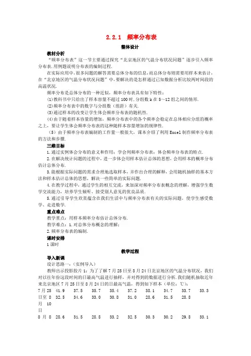 高中数学第2章统计2.2总体分布的估计2.2.1频率分布表教案苏教版必修3