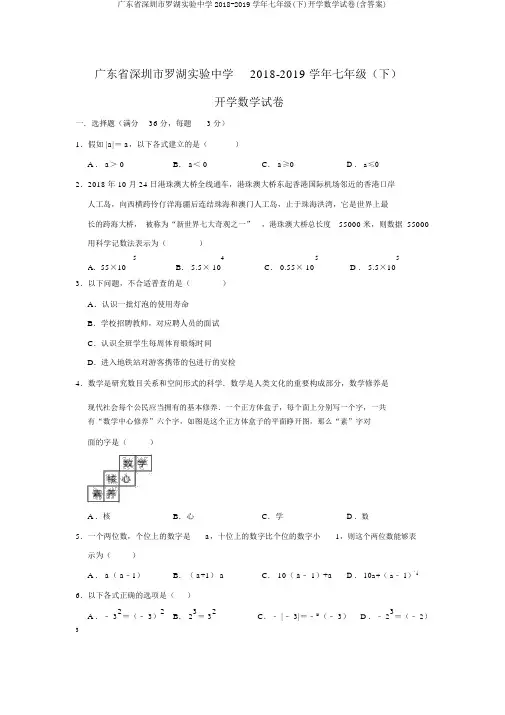 广东省深圳市罗湖实验中学2018-2019学年七年级(下)开学数学试卷(含答案)
