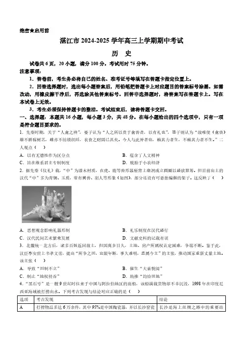 广东省湛江市2024-2025学年高三上学期期中考试历史试题(含答案)