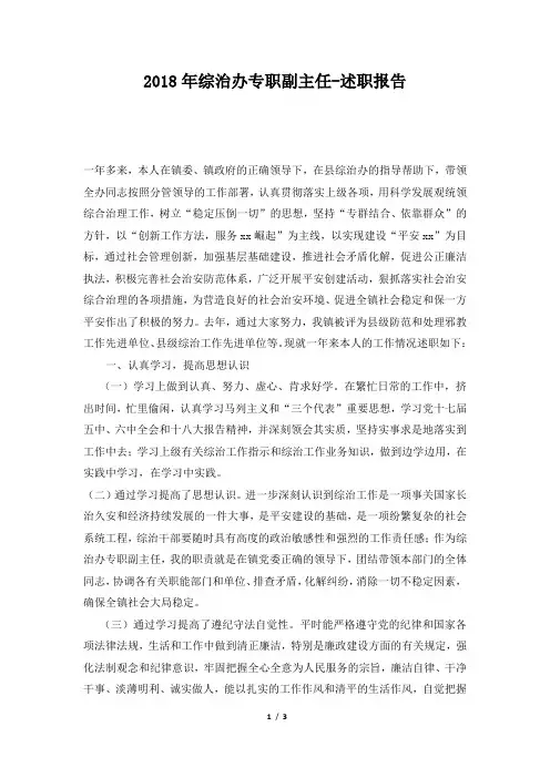 综治办专职副主任述职报告