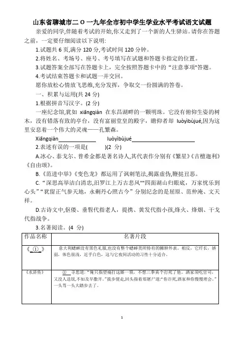 【精选】山东省聊城市2019年初中学生学业水平考试语文试题
