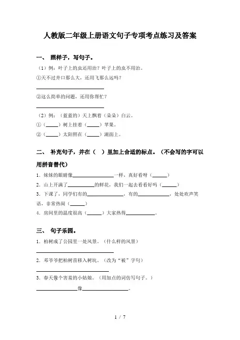人教版二年级上册语文句子专项考点练习及答案