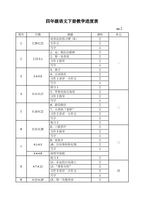 四年级语文下册教学进度表