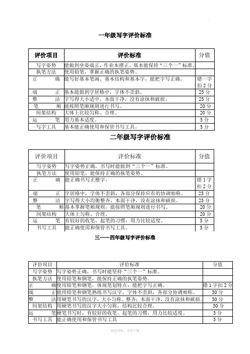 各年级写字评价标准