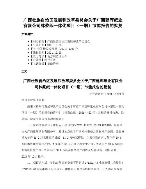 广西壮族自治区发展和改革委员会关于广西建晖纸业有限公司林浆纸一体化项目（一期）节能报告的批复
