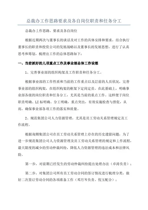 总裁办工作思路要求及各自岗位职责和任务分工