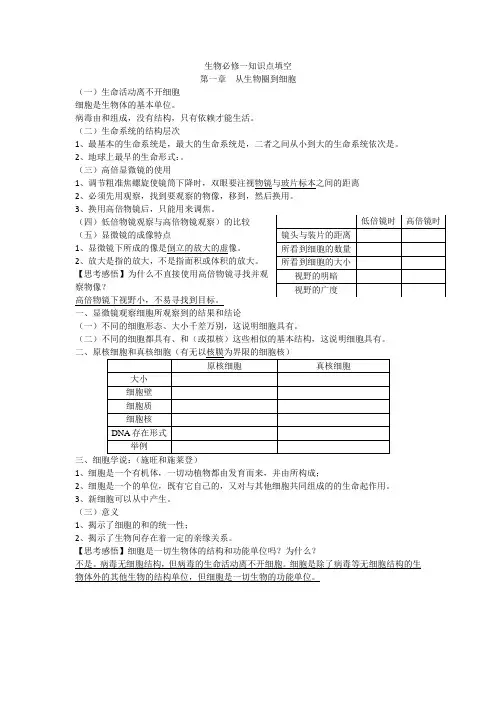 知识点填空 高中生物人教版必修一一三章知识点填空