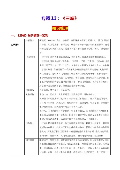 专题13《三峡》(知识梳理)-2024年中考语文课内39篇文言文阅读