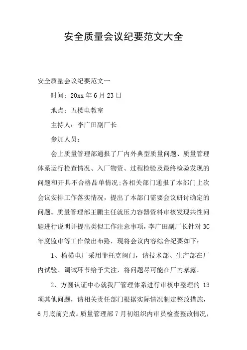 安全质量会议纪要范文大全