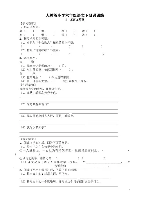 人教版小学六年级语文下册全册课课练