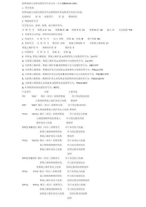 阻燃或耐火电线电缆的型号表示法