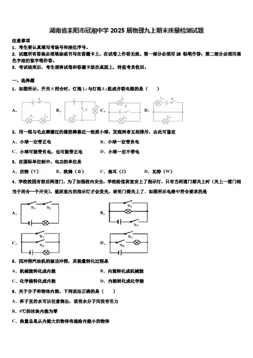 湖南省耒阳市冠湘中学2025届物理九上期末质量检测试题含解析