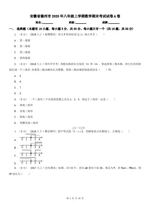 安徽省滁州市2020年八年级上学期数学期末考试试卷A卷