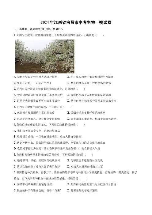 2024年江西省南昌市中考一模生物试卷(含解析)