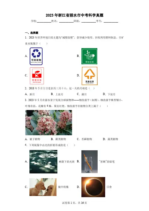 2023年浙江省丽水市中考科学真题(含答案)