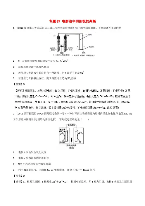 2019届高考化学难点剖析专题47电解池中阴阳极的判断练习