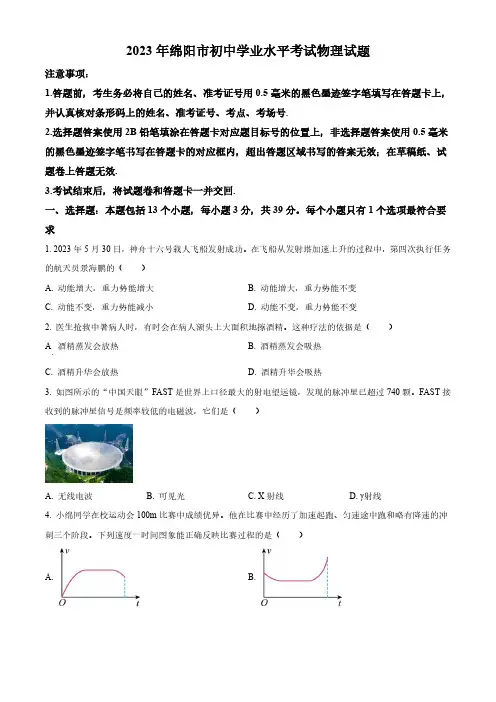 2023年四川省绵阳市中考物理试题(原卷版)