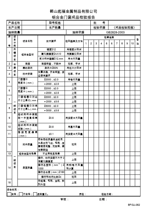 铝合金门窗成品检验报告