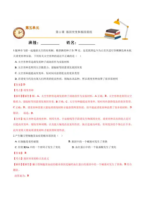 5.1 基因突变和基因重组(重点练)高一生物同步课堂专练(人教版2019必修2 )(解析版)