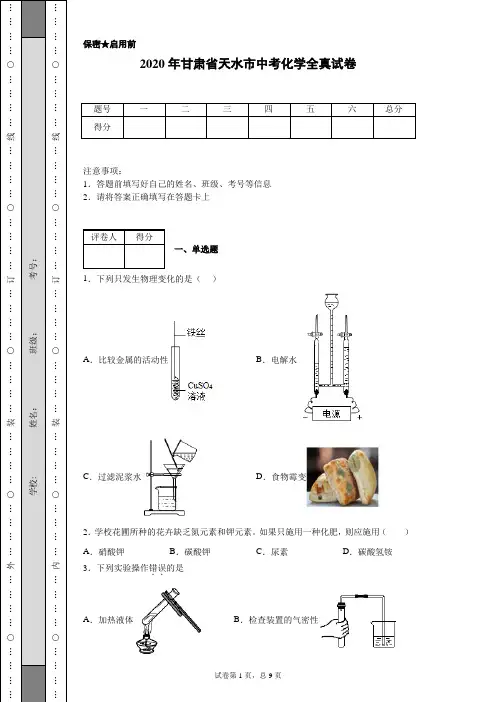 2020年甘肃省天水市中考化学试卷(含详细解析)