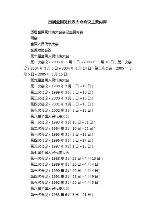 历届全国党代表大会会议主要内容