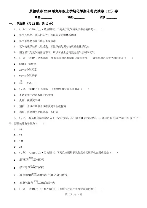 景德镇市2020版九年级上学期化学期末考试试卷(II)卷