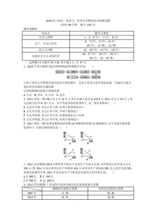2016高三政治一轮复习经济生活模块综合检测试题(含答案)