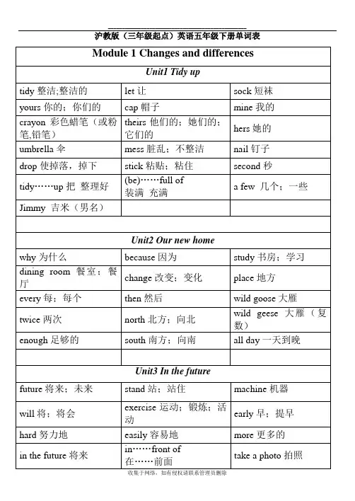 最新沪教版(三年级起点)英语五年级下册单词表