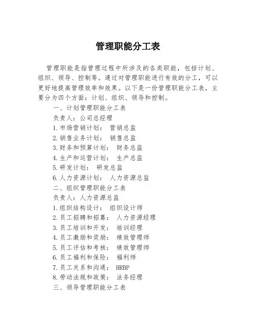 管理职能分工表