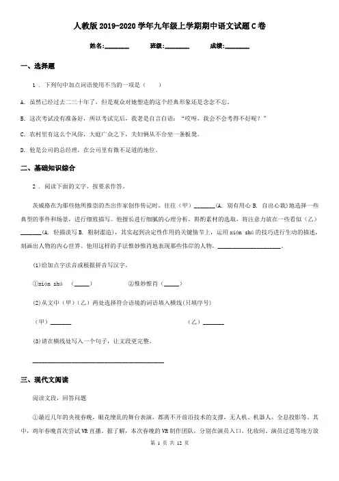 人教版2019-2020学年九年级上学期期中语文试题C卷