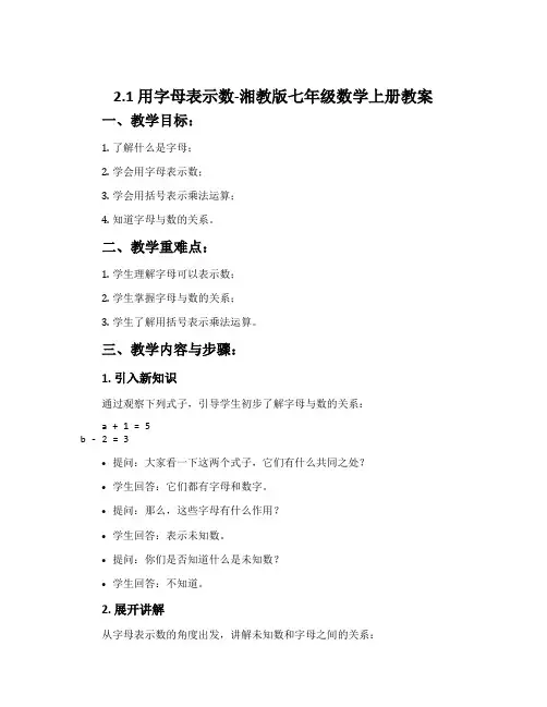 2.1用字母表示数-湘教版七年级数学上册教案