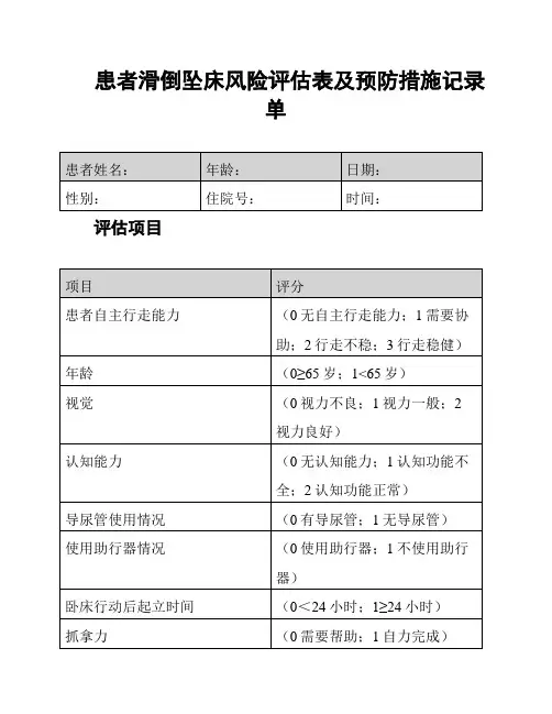 患者滑倒坠床风险评估表及预防措施记录单