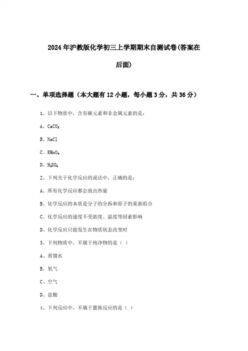 2024年沪教版初三上学期期末化学试卷及答案指导