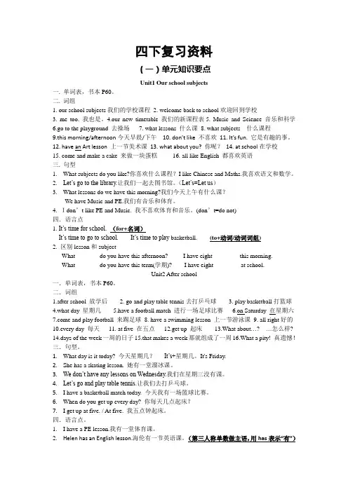 牛津译林版英语四年级下册期末复习资料