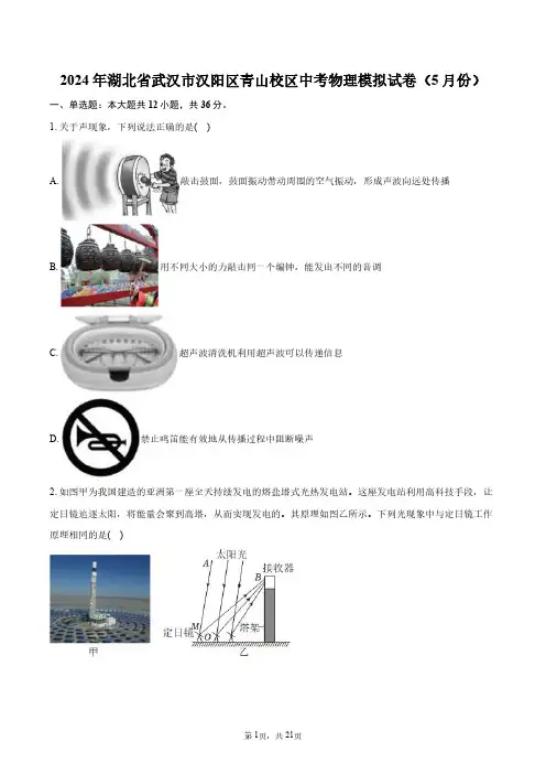 2024年湖北省武汉市汉阳区青山校区中考物理模拟试卷(5月份)+答案解析
