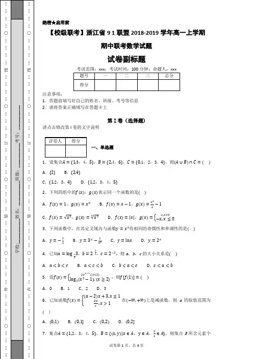 【校级联考】浙江省91联盟2018-2019学年高一上学期期中联考数学试题