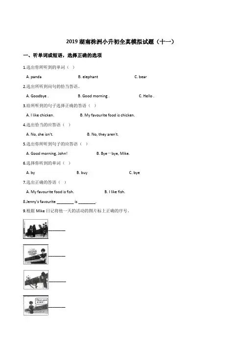 六年级下册英语试题--2019湖南株洲小升初全真模拟试题(十一) 人教 (PEP) 2014秋 含答案
