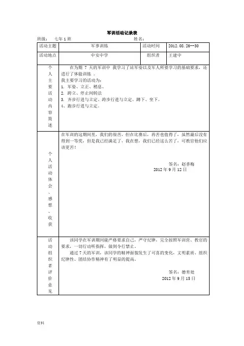 社会实践活动记录表格(军训)
