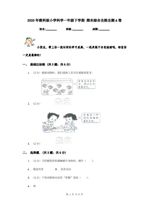 2020年教科版小学科学一年级下学期 期末综合全练全测A卷