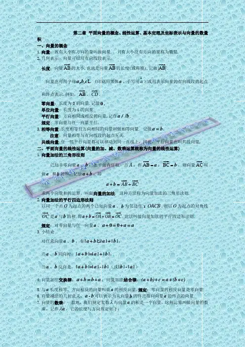 高中数学必修4第二章平面向量的概念、线性运算、基本定理及坐标表示与向量的数量积知识点与同步练习