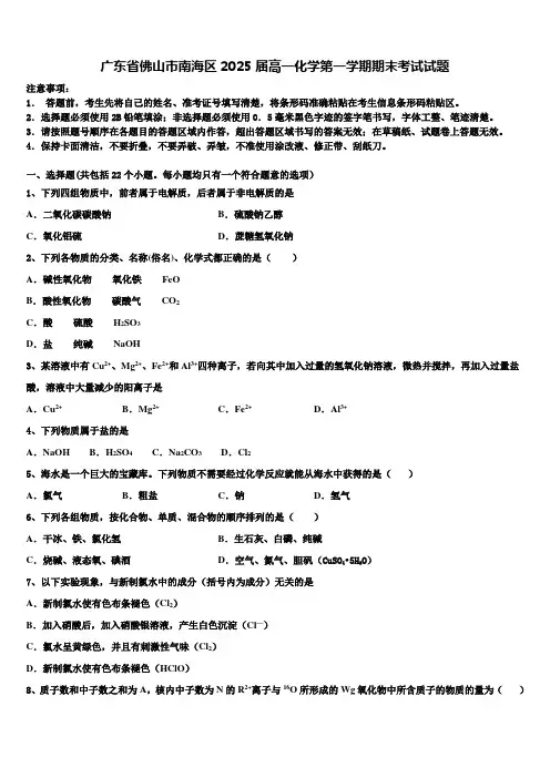 广东省佛山市南海区2025届高一化学第一学期期末考试试题含解析
