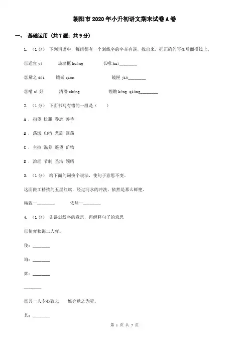 朝阳市2020年小升初语文期末试卷A卷(新版)