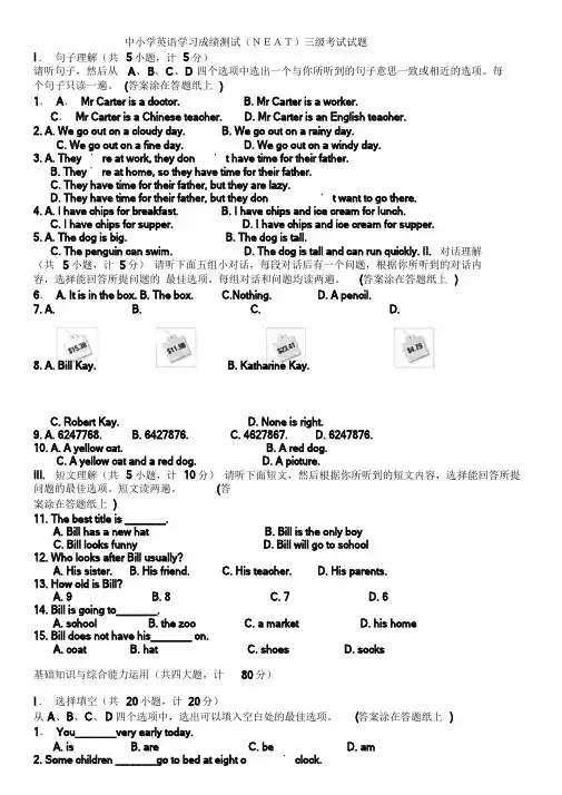 中小学英语学习成绩测试NEAT三级试题课件.doc