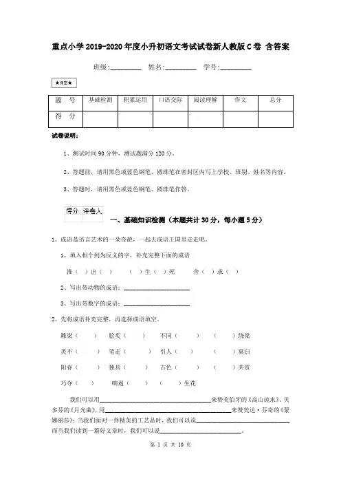 重点小学2019-2020年度小升初语文考试试卷新人教版C卷 含答案