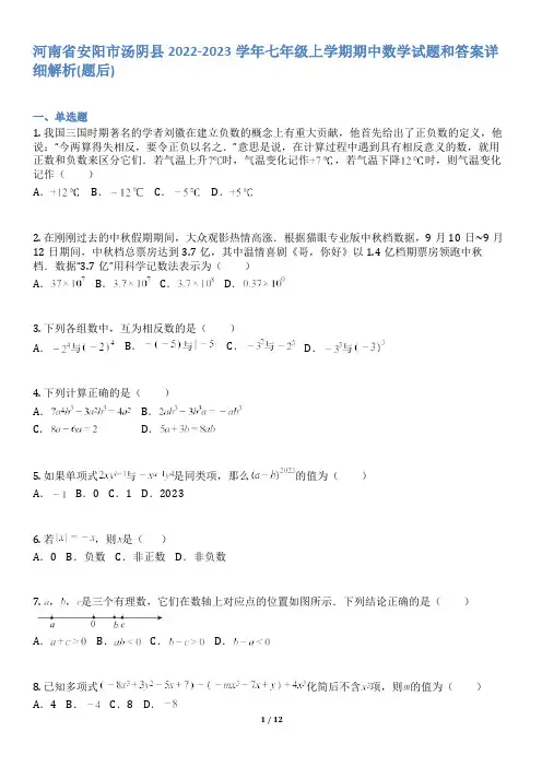 河南省安阳市汤阴县2022-2023学年七年级上学期期中数学试题和答案详解(word版)
