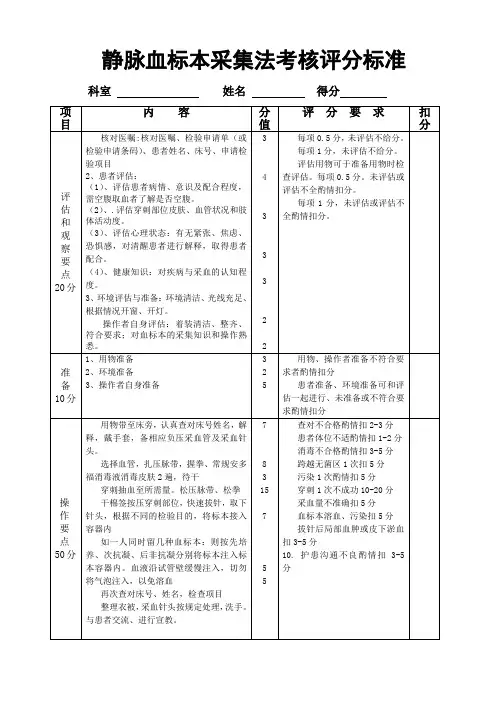 静脉血标本采集法考核评分标准