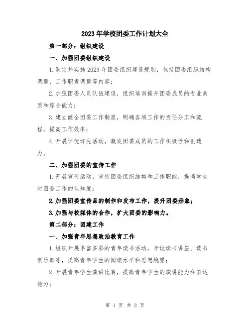 2023年学校团委工作计划大全
