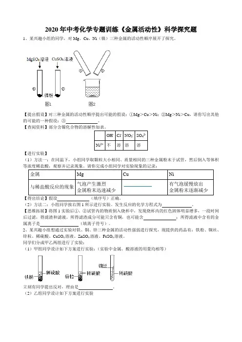 2020年安徽省中考化学专题强化训练 金属活动性 科学探究题(word版有答案)