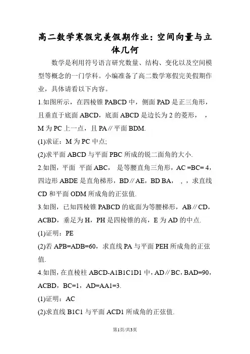 高二数学寒假完美假期作业：空间向量与立体几何